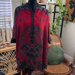 Religion Red Batik Pullover Mandarin Collar Tunic Top